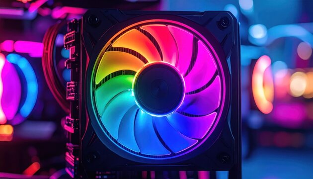 Vibrant RGB cooling fan inside gaming computer case.