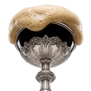 Highly Polished Silver-Plated Chalice Filled with Pitch-Black Stout Beer for Elegant Drinkware Aesthetics