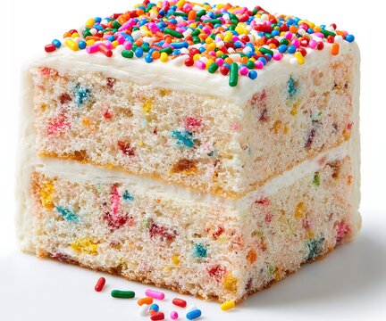 Decadent Funfetti Cake Slice with Vanilla Frosting and Colorful Sprinkles, Celebratory Dessert