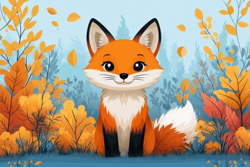 Fototapeta premium Cute cartoon fox character sitting in a colorful autumn forest surrounded by vibrant orange and yellow leaves and soft blue background