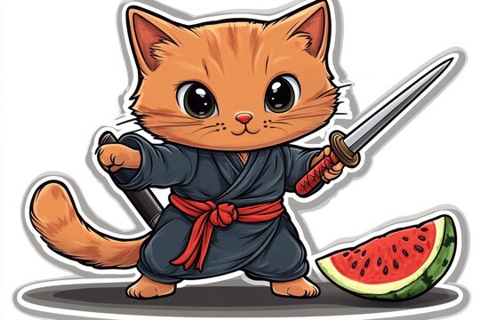 Cartoon illustration of an orange cat dressed as a ninja, holding a sword and standing next to a slice of watermelon on a white background