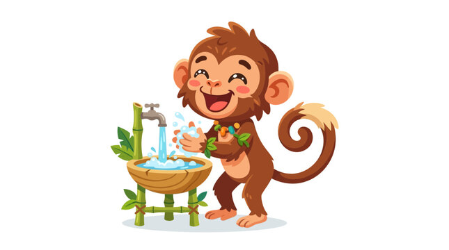Cute monkey washing hands at bamboo sink with running water, hygiene concept