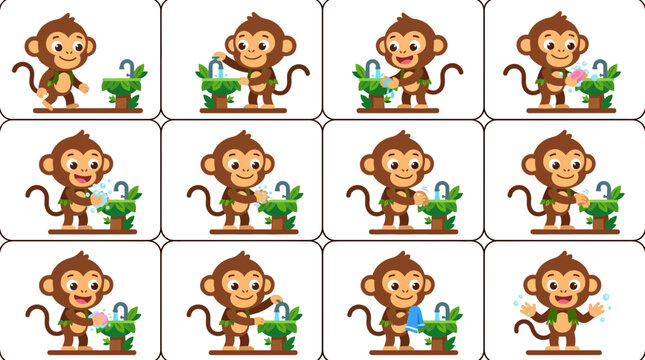 Cute Monkey Washing Hands Sequence, Hygiene Concept Illustration