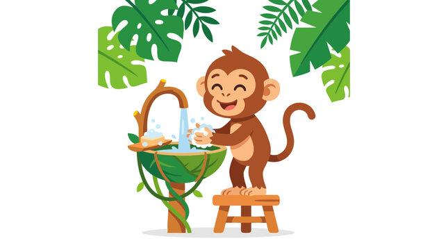 Cute Monkey Washing Hands with Soap and Water in Jungle Sink
