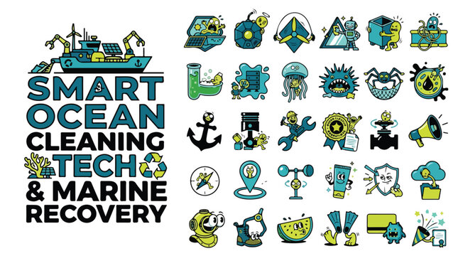 Smart ocean cleaning tech and marine recovery vector icons, sustainable sea waste management collection, environmental water pollution cleanup set