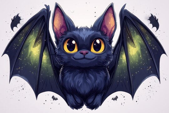 Cute cartoon bat illustration with large eyes and colorful wings, surrounded by small bats and a starry background