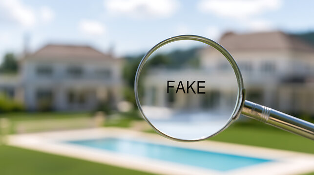 Magnifying Glass Reveals 'Fake' Word Over Luxury House and Swimming Pool, Highlighting Deception in Real Estate Market