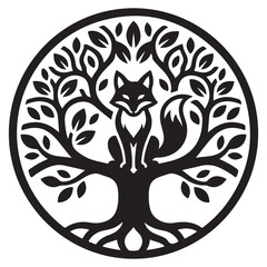 Fototapeta premium Decorative Tree Fox Logo Style Silhouette Line Art Bold Outline Nature Vector Emblem Illustration