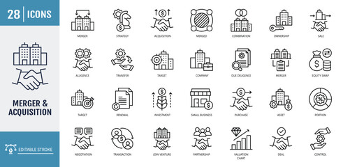 Merger and Acquisition icon set. including business, merger, acquisition, integration, partnership, takeover, deal, purchase, negotiation, and more. outline icon set. vector illustration with editable © Control New