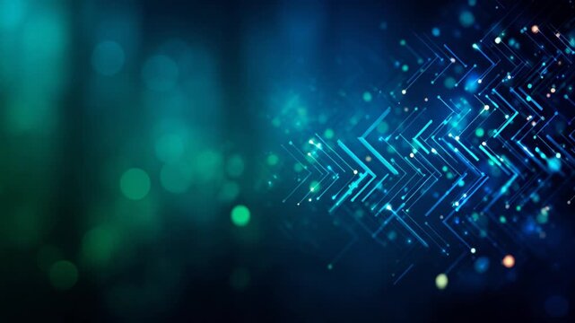 Abstract digital illustration with flowing lines, bokeh, and a gradient color scheme of blue and green