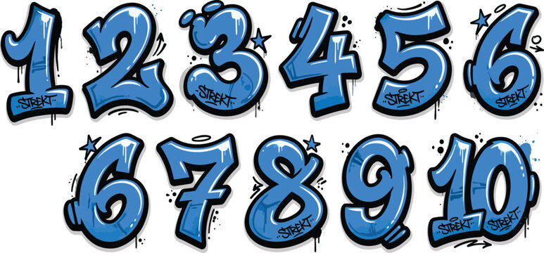 Graffiti-style blue numbers from 1 to 10 with dripping paint and star accents, presented on a white background.