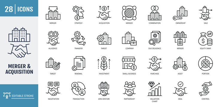 Merger and Acquisition icon set. including business, merger, acquisition, integration, partnership, takeover, deal, purchase, negotiation, and more. outline icon set. vector illustration with editable