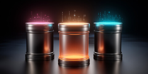 Fototapeta premium Futuristic data storage jars with blockchain technology interface for enterprise solutions and innovations