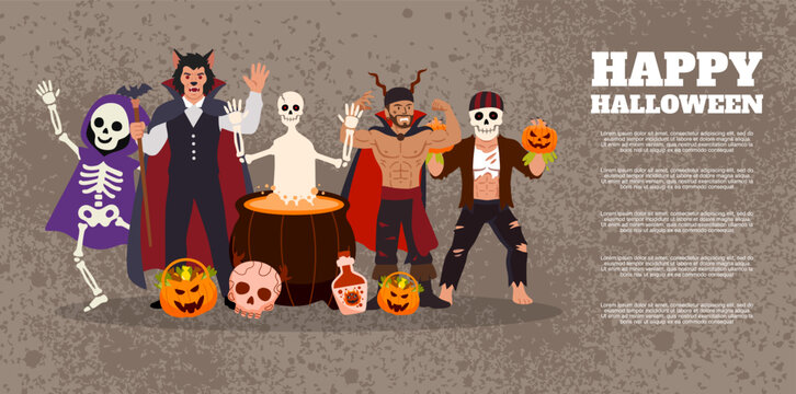 Costumed group including vampire ghost and executioner celebrate halloween