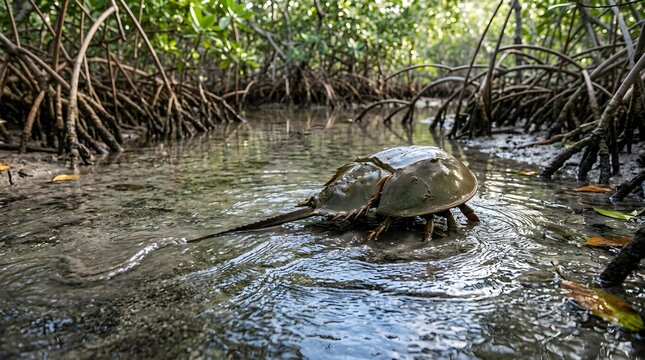 Horseshoe crab walking in a shallow mangrove forest stream