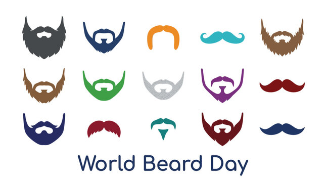 World Beard Day colorful collection of mustache and beard styles