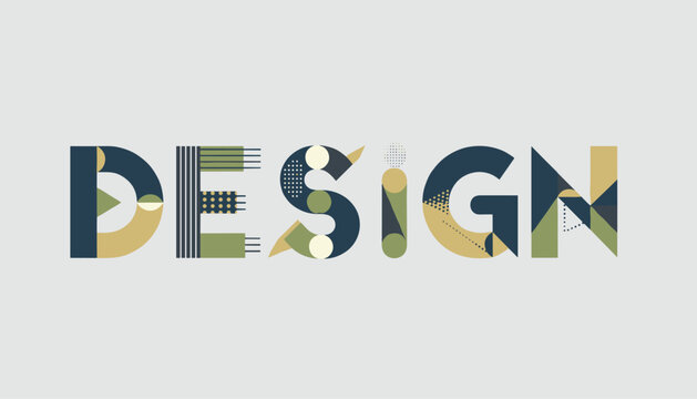 Creative graphic design word typography made of colorful geometric shapes and abstract textures on a light grey background.