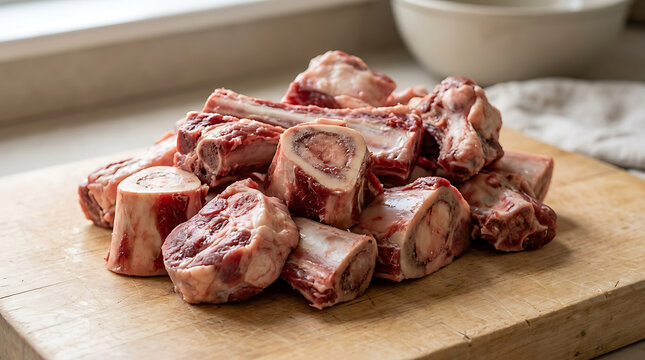 Fresh Raw Beef Marrow Bones Piled on a Wooden Cutting Board for Making Soup