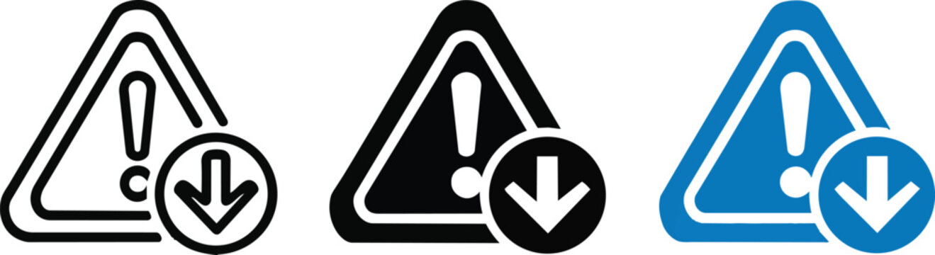 Warning triangle with down arrow trend, decline in potential, security threat, risk reduction strategy
