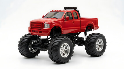 Fototapeta premium Red Toy Monster Truck with Large Oversized Off Road Tires Isolated on a Clean White Background