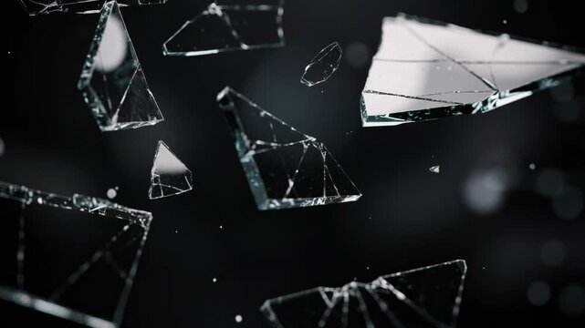 Close up of broken glass fragments floating over dark background with sharp edges and reflections