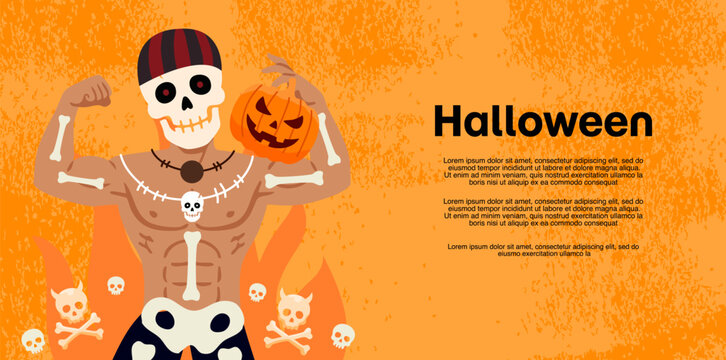strong skeleton character flexing muscles with happy spooky pumpkin
