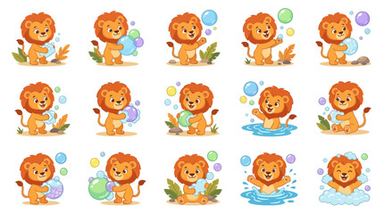 Fototapeta premium Cute Cartoon Lion Cub Bathing with Bubbles and Toys