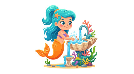 Fototapeta premium Cute Cartoon Mermaid Washing Hands at Seashell Fountain in Underwater Scene