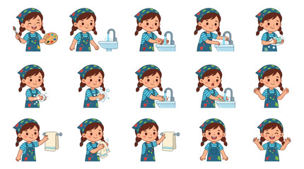 Fototapeta premium Cute Girl Washing Hands and Painting - Hygiene and Creativity Set