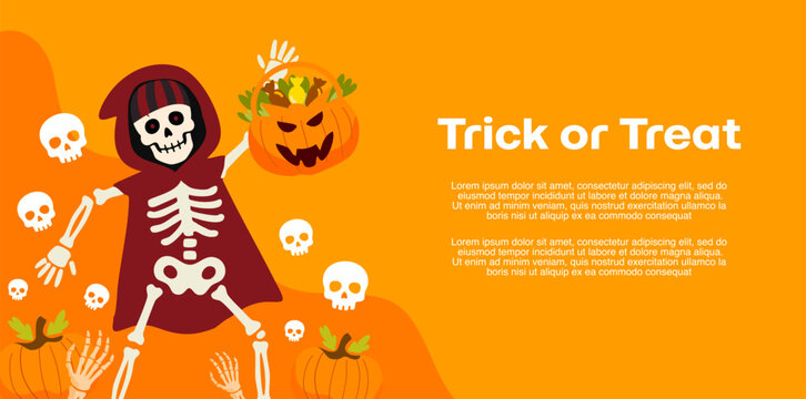 happy skeleton character dancing and holding carved halloween pumpkin