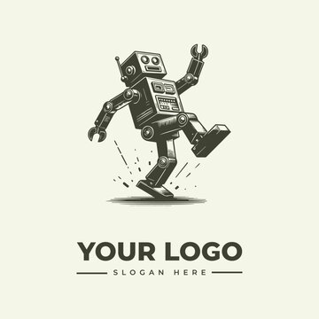 Vintage style illustration of a cute walking robot mascot logo design.