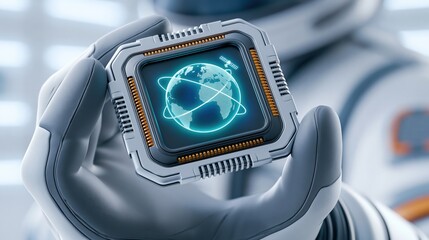 Fototapeta premium Astronaut holding futuristic microchip with glowing Earth and satellite orbit graphic, symbolizing global connectivity and advanced technology