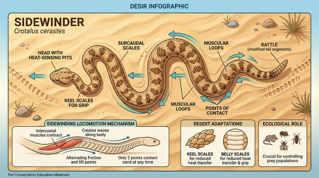 Educational sidewinder rattlesnake infographic showing desert movement