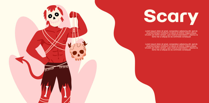 scary red devil character holding a white human skull