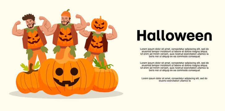 three muscular men flexing inside huge carved orange pumpkins