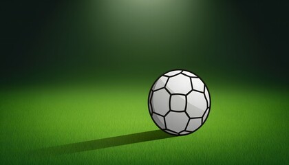 Fototapeta premium Graphic Soccer Ball Resting on Pristine Green Stadium Turf with a Single Bright Spotlight Illuminating the Pitch