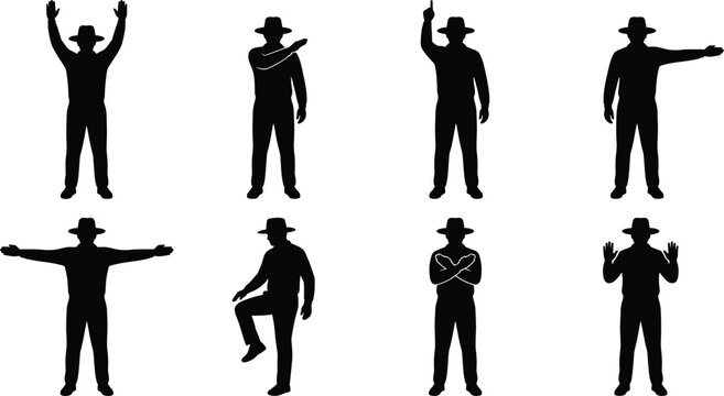 Black silhouette of man wearing hat in various poses
