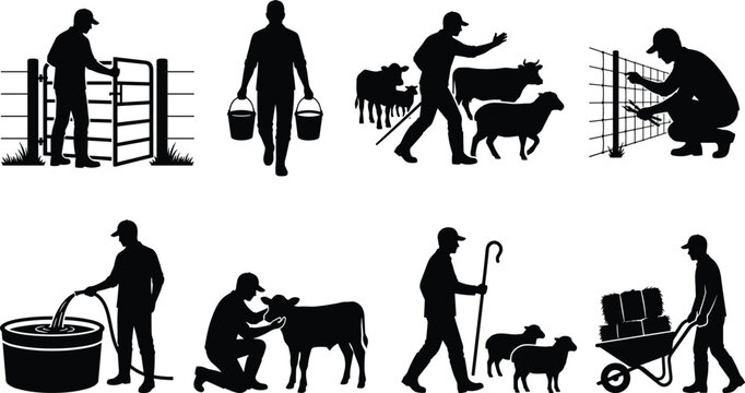 Black silhouettes of farmers and ranchers working with livestock and farm equipment farming ranching