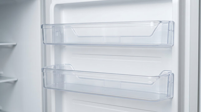 Close-up of two empty clear plastic fridge door bins inside a clean white refrigerator interior