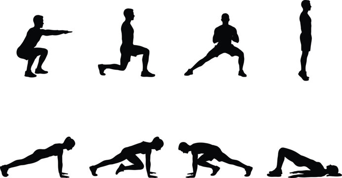 Black silhouettes of men performing various exercises men exercising fitness workout squats