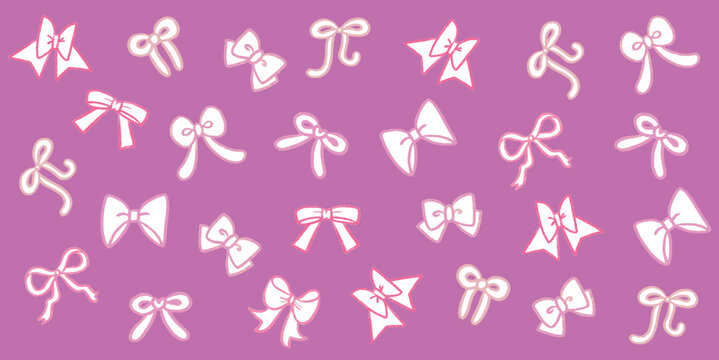 Set of hand drawn cute pink ribbon pattern illustration