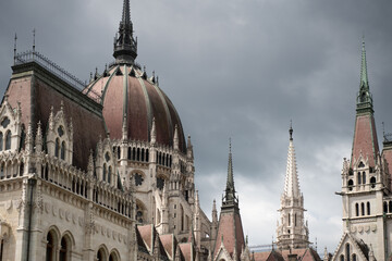 Obraz premium Detailed gothic architectural towers of Hungarian Parliament Building in Budapest