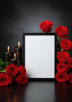 A vertical empty black picture frame surrounded by red roses and three black candles on a dark surface with copy space for text, atmospheric, creative, memorial