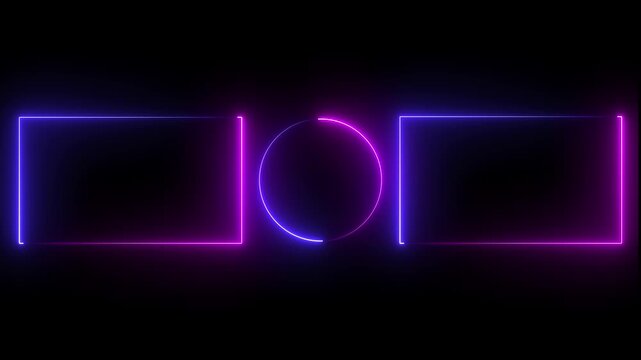 Abstract glowing geometric rectangle and circle frame. Animation of rectangle glowing punk and blue neon on black background. neon geometric frame glowing animation. 4k animation video...