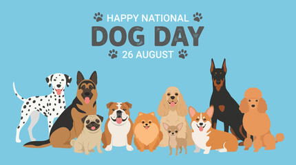 Dogs of various breeds gathered together celebrating National Dog Day outdoors happily © Fendi