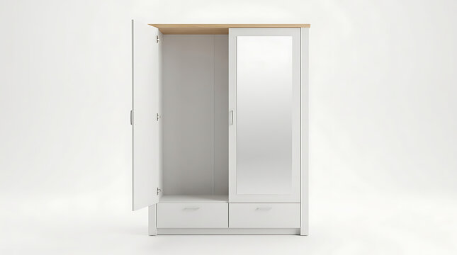Empty white wardrobe with mirrored door and two drawers against a plain background