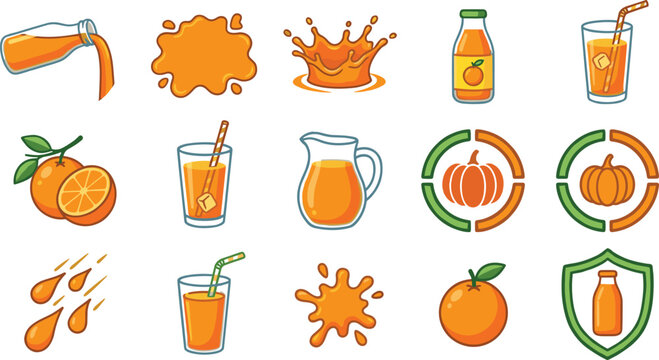 Fresh Orange Juice and Pumpkin Beverage Icon Set Featuring Pouring Bottles Liquid Splashes Glass Tumblers with Straws Pitchers and Agriculture Shield Logos