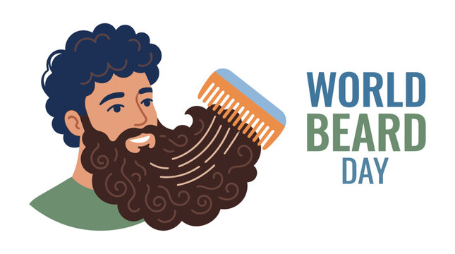 World Beard Day Illustration with Man Combing Thick Facial Hair
