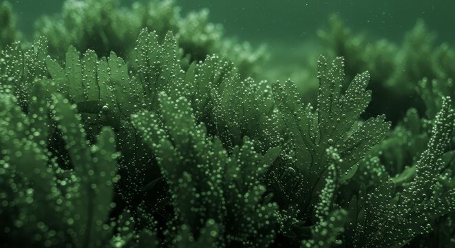 Close-up underwater view of textured green seaweed with small bubbles, showcasing its intricate marine ecosystem detail.