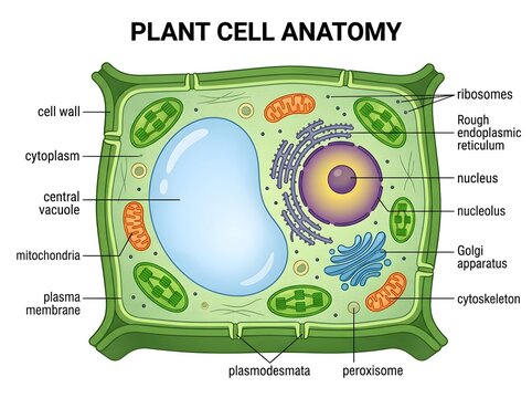 Plant cell anatomy vector illustration diagram. Labeled botanical cross section showing cell wall, chloroplasts, central vacuole, and nucleus